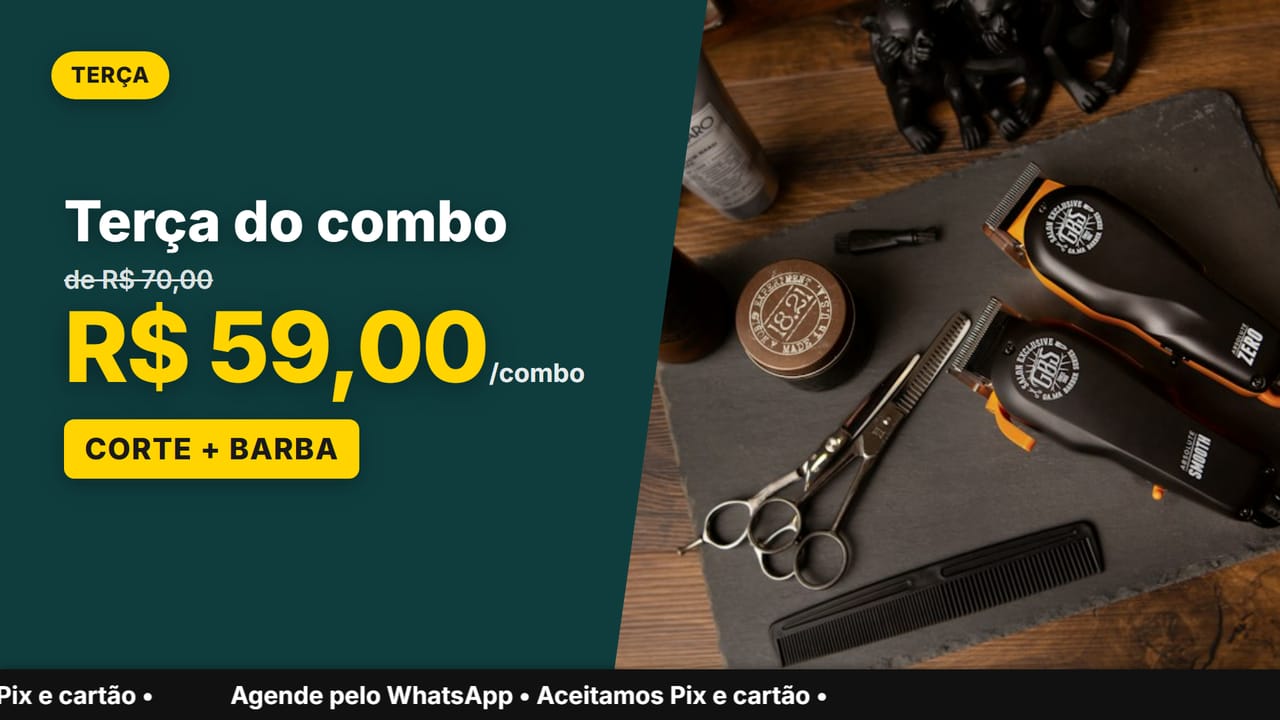 Promoção Terça do combo na TV com preço de R$ 59,00, preço antigo riscado e foto de utensílios de barbeiro em layout Vitrine