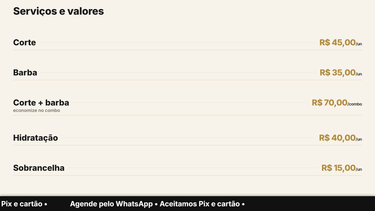 Tabela de serviços e valores de uma barbearia na TV: corte, barba, combo, hidratação e sobrancelha