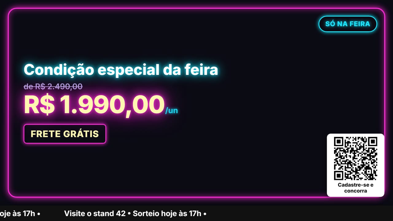 Condição especial da feira em layout neon, com preço de R$ 1.990,00, selo Só na feira e frete grátis