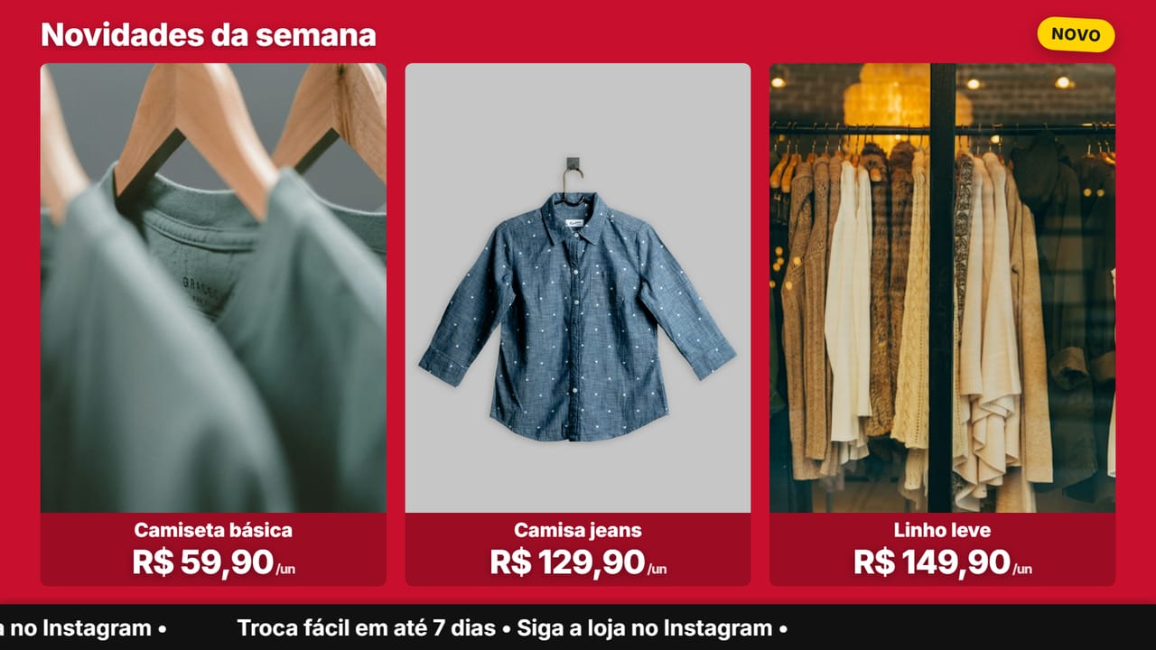 Grade de novidades da semana com três peças de roupa, foto grande e o preço de cada uma