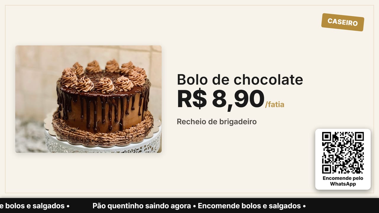 Bolo de chocolate em layout Elegante, com selo Caseiro, preço da fatia e QR Code de encomenda