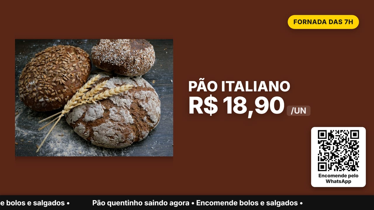 Pão italiano na TV da padaria, com selo Fornada das 7h e preço de R$ 18,90