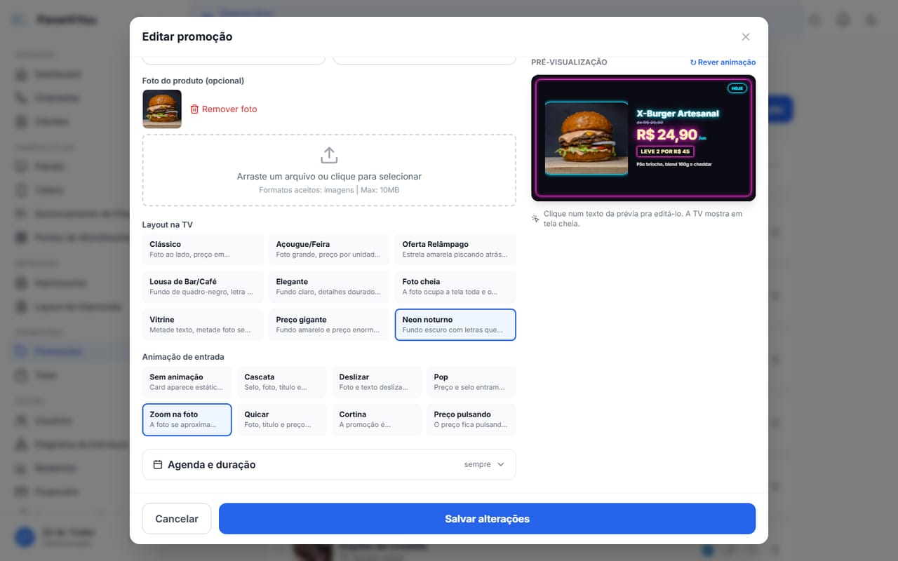 Editor de promoção com os layouts e animações disponíveis e a pré-visualização