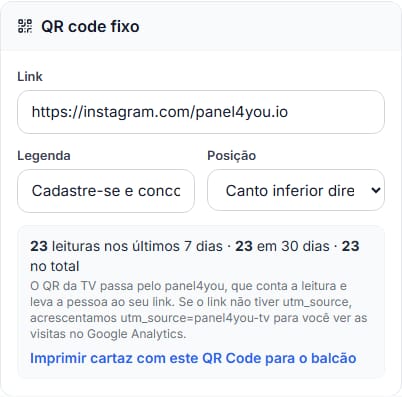 Bloco de QR Code no painel com 23 leituras nos últimos 7 dias e atalho para imprimir o cartaz