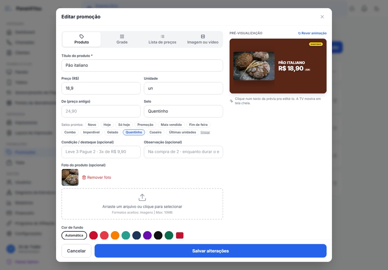 Editor de promoção com os selos prontos abaixo do campo de selo e a pré-visualização ao lado