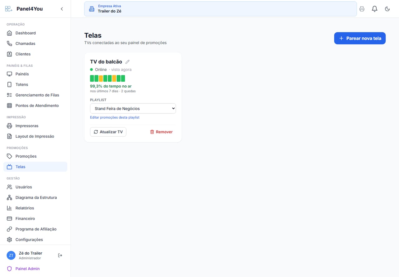Tela Telas com o relatório de tempo no ar: 99,3 por cento nos últimos 7 dias e 2 quedas, com barras por dia (dados de exemplo)