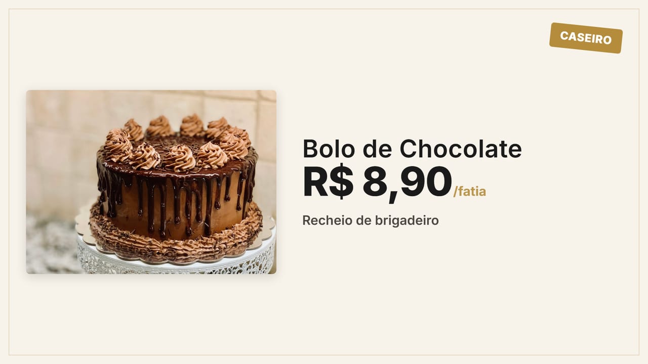 Layout Elegante exibindo um bolo de chocolate com o preço da fatia