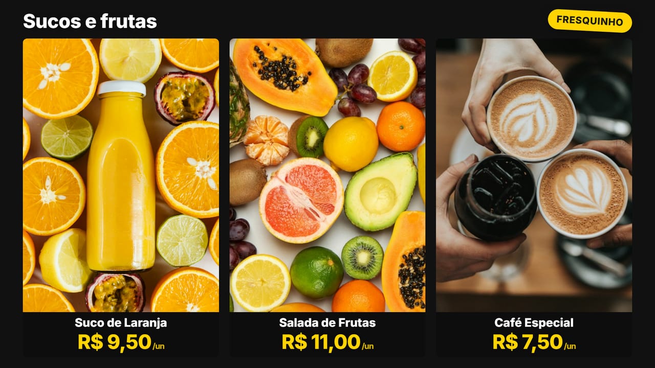 Grade de sucos e frutas com três produtos, foto grande e preço de cada um