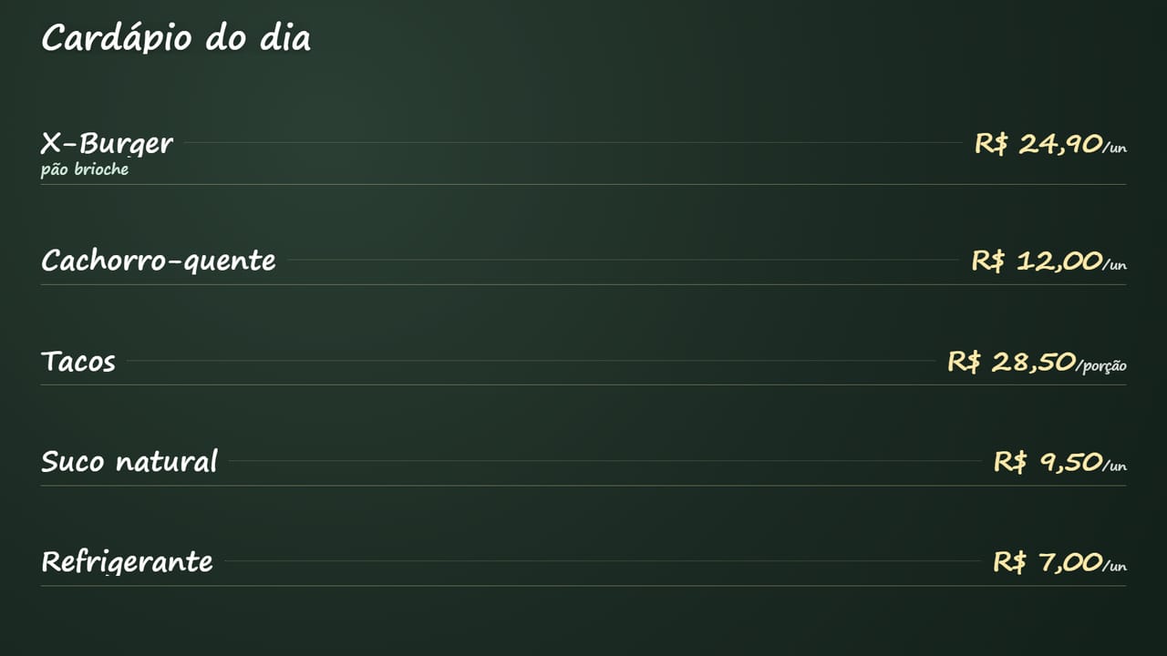 Cardápio do dia em formato de lousa exibido na TV