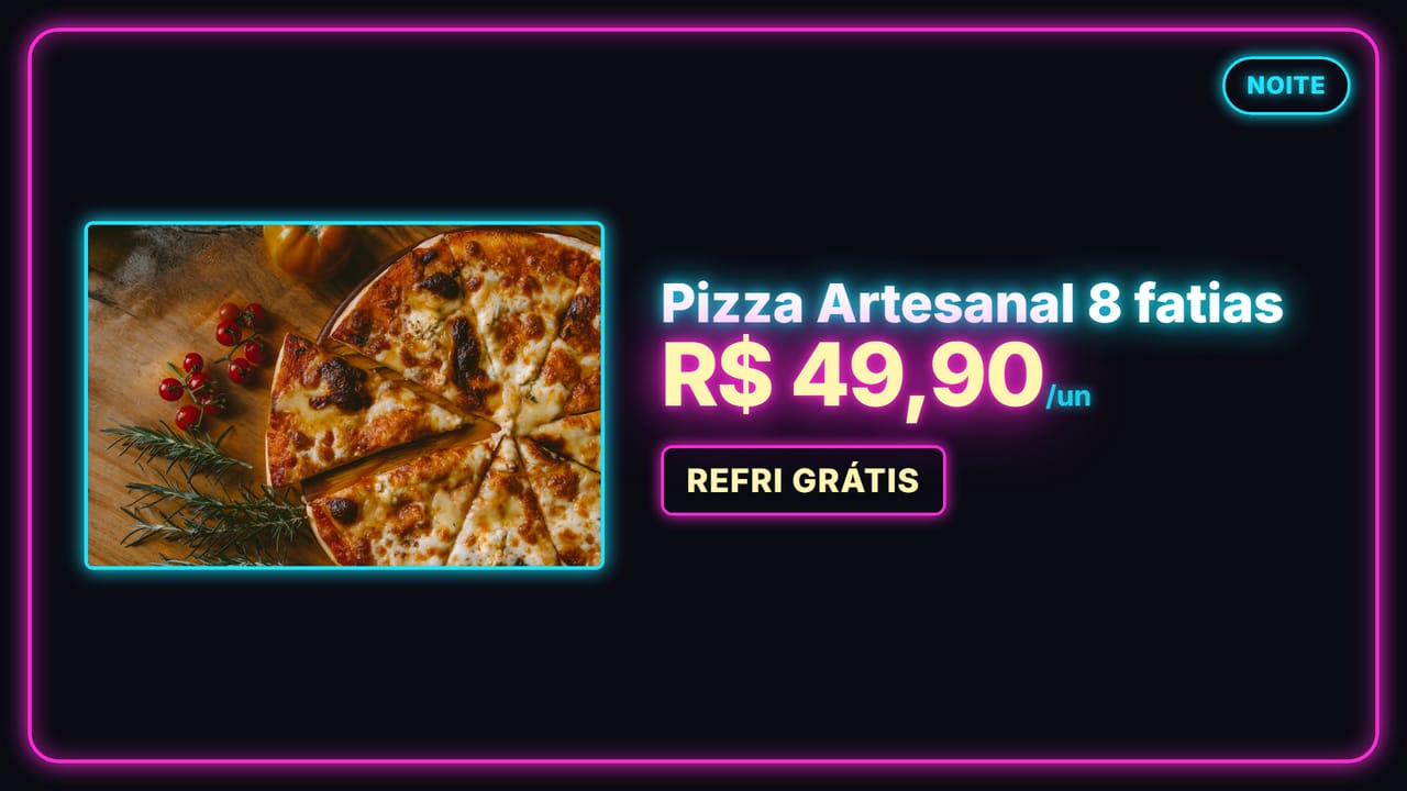 TV do trailer à noite com layout neon exibindo uma pizza e o preço