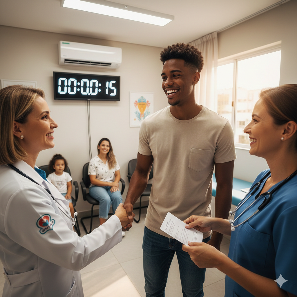 Pessoas sendo atendidas rapidamente em clínicas e hospitais do Brasil